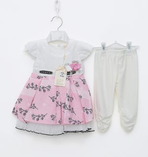 Elegant Pink & White Floral Embroidered Frock with Matching Trouser